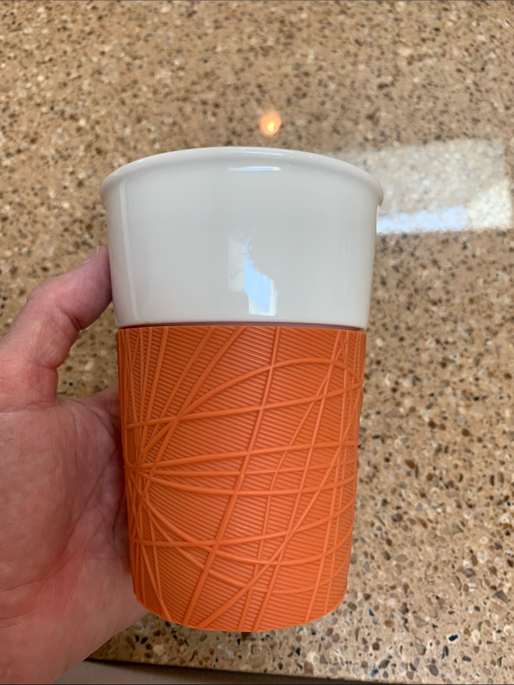 Starbucks White Ceramic Cup with Orange Textured Silicone Sleeve